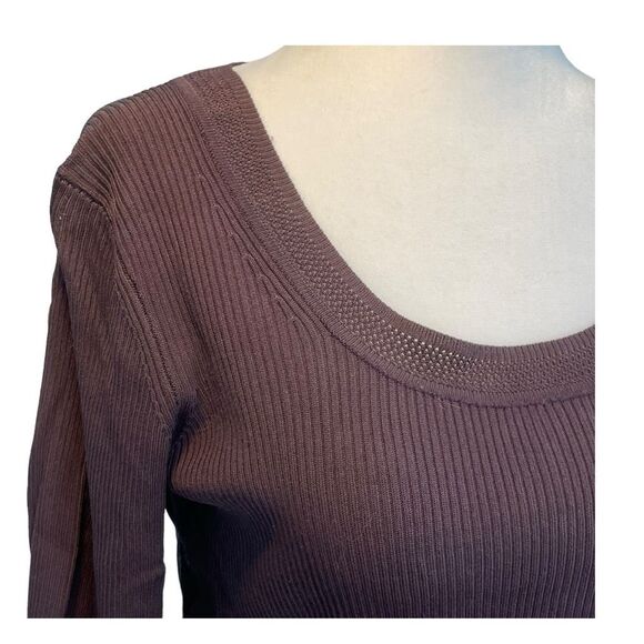 Worthington Ribbed Knit Top Chocolate Brown Scoop Neck 3/4 Length Sleeves M - Picture 2 of 5